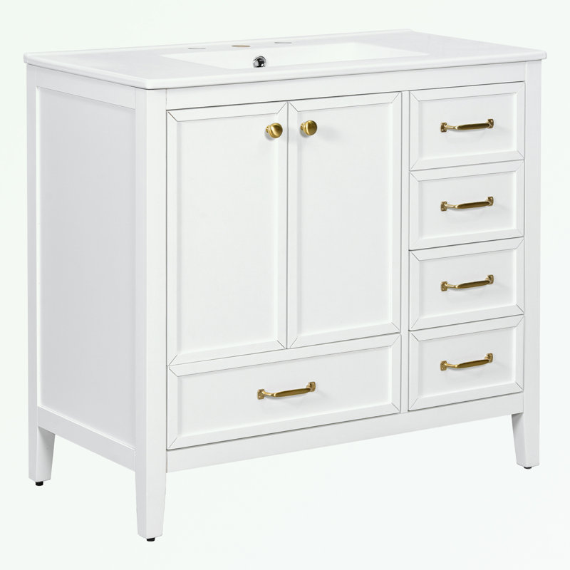 Bathroom Vanity with Ceramic Sink, Soft-Closing Door and 4 Drawers, White