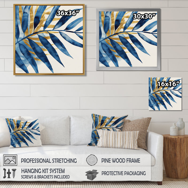 «Blue and Gold Palm Leaves III - Palmiers et palmiers», art mural, Cadre flottant noir, bois massif, H 36 po x l 36 po