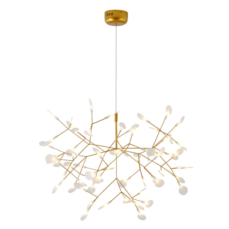 Ladora 63-light gold metal frame LED chandelier with white acrylic diffusers