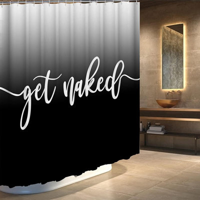 Black Ombre Gradient Shower Curtain With Funny Art Fonts - Premium Wrinkle-Free Polyester Fabric - Machine Washable Bathroom Decor Set Includes 12 Plastic-Free Hooks - 72 X 72 Inches