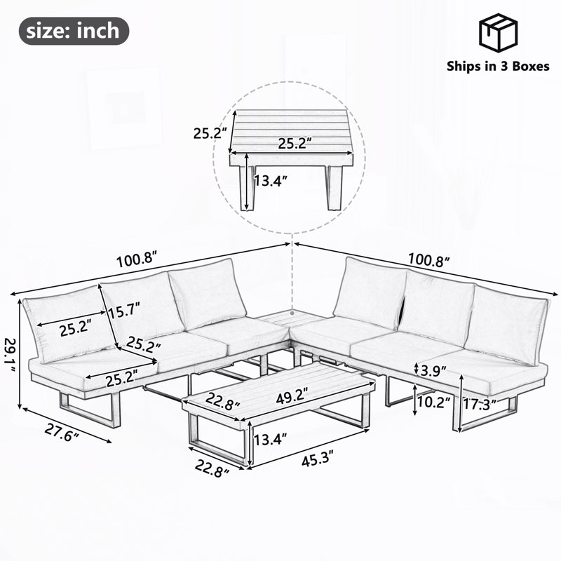 Outdoor Sectional Sofa Set with Adjustable Reclining Seats, Beige