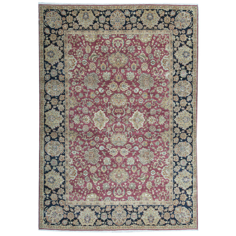 Tapis rouge, brun et bleu marine noué à la main de haute qualité