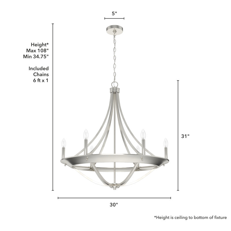 Perch Point 6 Light Candle Style Wagon Wheel Chandelier, Brushed Nickel