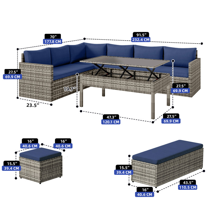 9 Pieces Patio Furniture Set Outdoor Wicker Sectional Sofa Conversation Set, Gray, Blue
