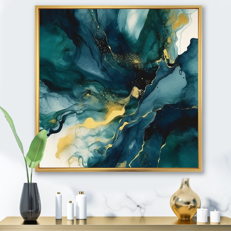 «Dark Blue and Gold Strokes XIX», art mural sur fractales, H 36 po x l 36 po x P 1,5 po, Cadre flottant doré