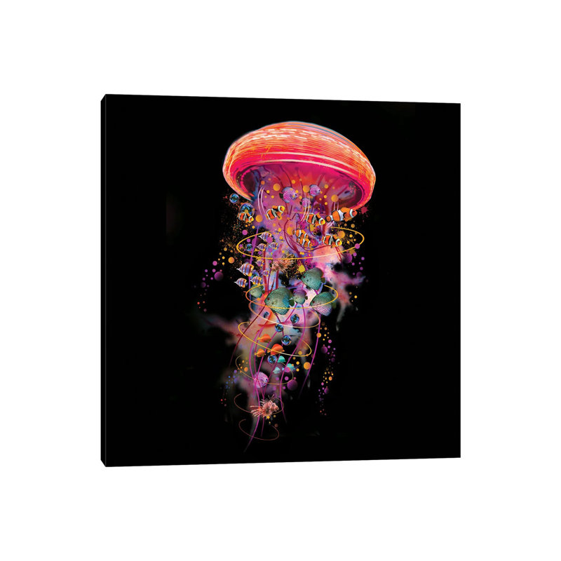 Electric Jellyfish World in Red 1 Piece Wall Art on Canvas, 45.72 cm H x 45.72 cm W x 1.91 cm D, Wrapped Canvas