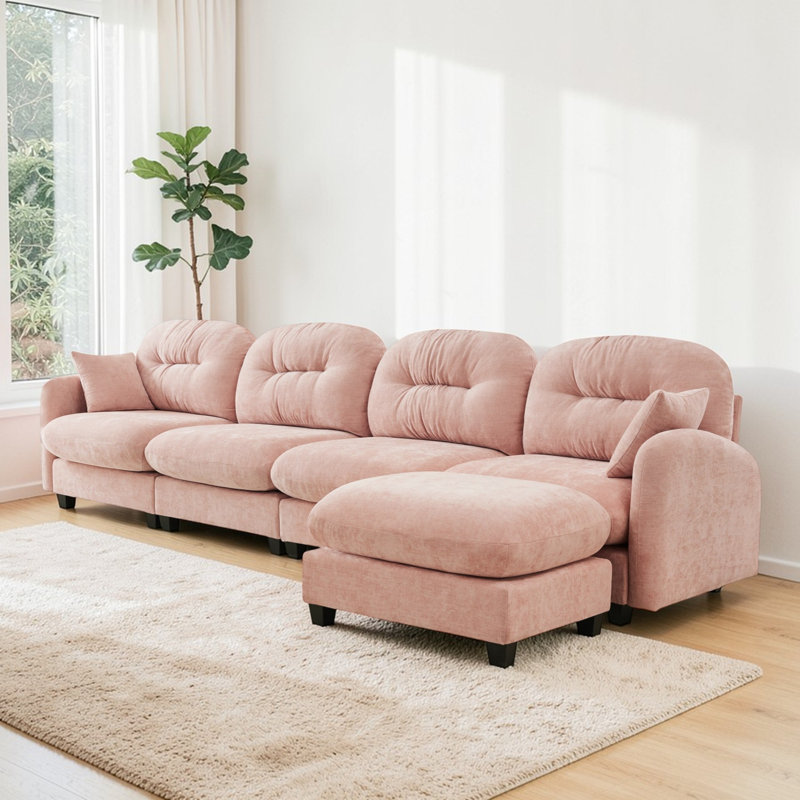 Wilroy Four Seat L-Shaped Couch With Ottoman,Soft Chenille Fabric,Quilted Pleated Design High-Density Foam,Fits Bedrooms Living Rooms Reading Nooks