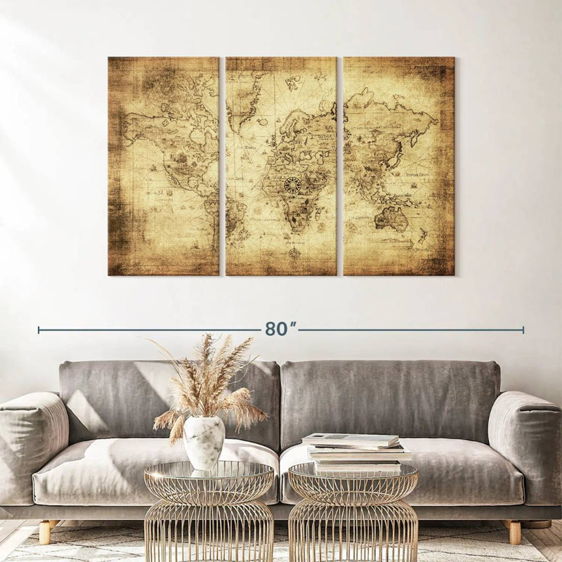 Carte du monde antique sur toile, ensemble de 3 pièces, H 36 po x l 57 po x P 1,25 po