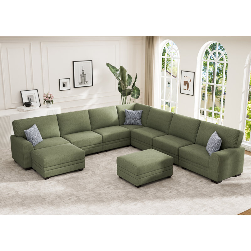 Canapé modulaire en velours côtelé avec repose-pieds 9 pièces 9 pièces, Tissu vert olive