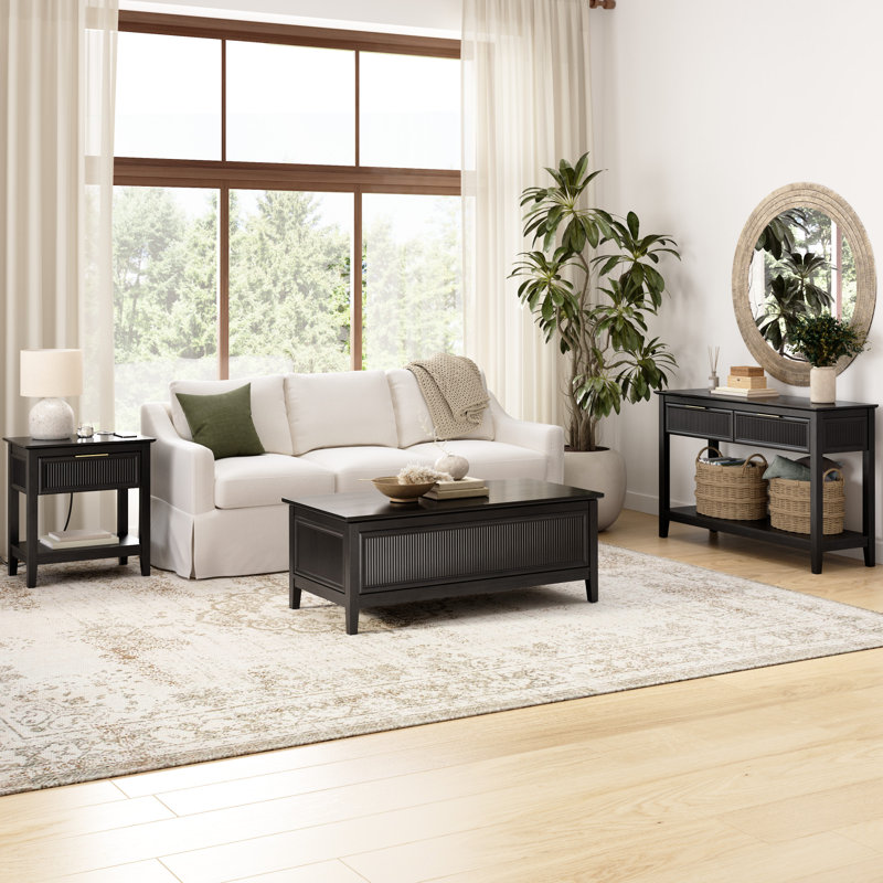 Table basse à plateau relevable cannelé 47W avec rangement pour salon, Noir