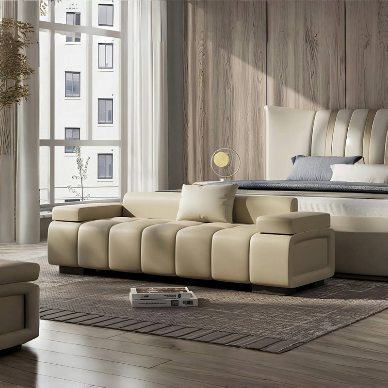 Banc rembourré en cuir, Beige, H 23,62 po x l 59,05 po x P 19,68 po