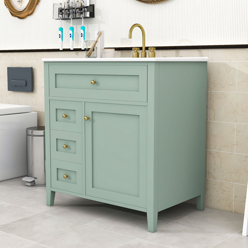 Meuble-lavabo moderne compact avec lavabo en céramique, tiroirs de rangement et tablette réglable, Vert