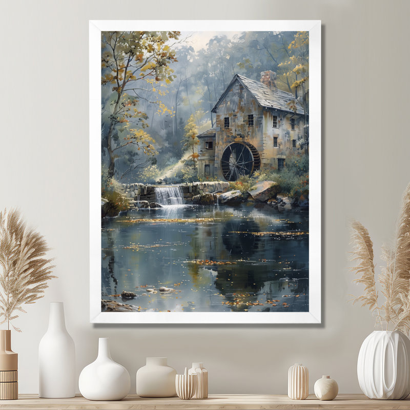 Décoration murale moulin vert vert été, Cadre simple blanc, bois massif, H 24 po x l 32 po