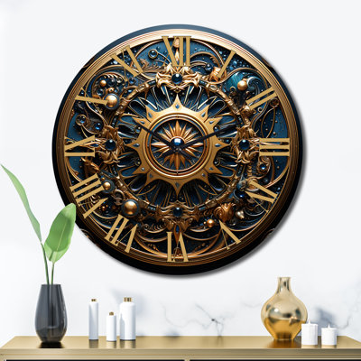 Gold And Teal 3D Flowers Ancient Seal Wall Clock