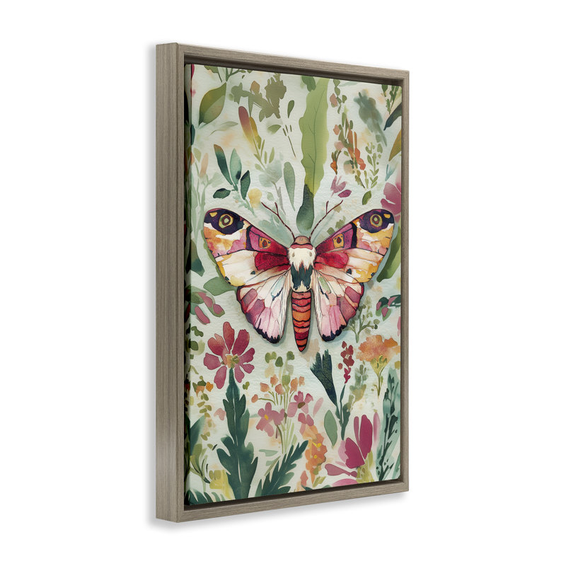 Cadre flottant papillon sur fleurs abstraites, design par The Dutch Lady, H 31 po x l 21 po, Cadre flottant orme Montalcino