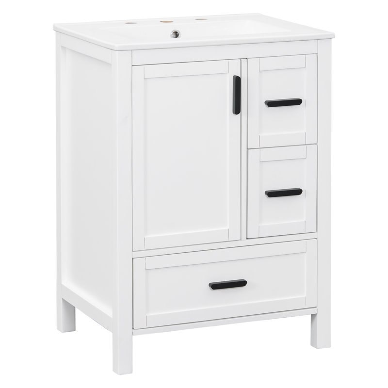 Meuble-lavabo 24 po avec comptoir en céramique, armoire et tiroirs 24 po, Blanc, Noir