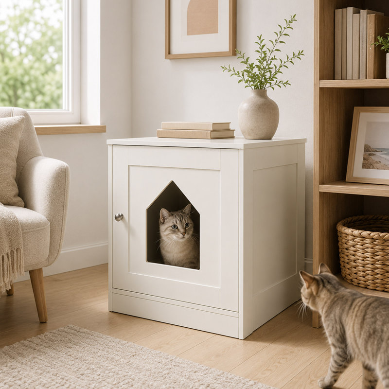 Table d'appoint, tiroir et tablettes White Cat, Blanc / Blanc