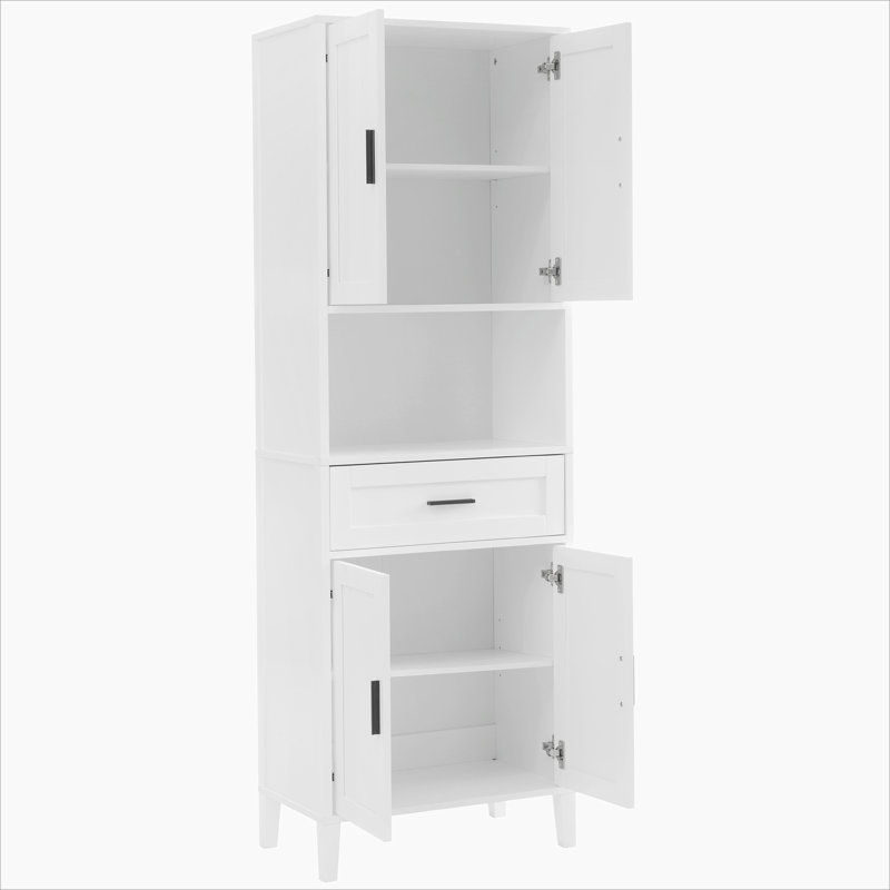 Grande armoire autoportante de 70,9 po de hauteur avec tiroir, 2 armoires, 4 portes à fermeture douce, 2 tablettes réglables, rangement ouvert pour la salle de bain, le salon, la salle de lavage