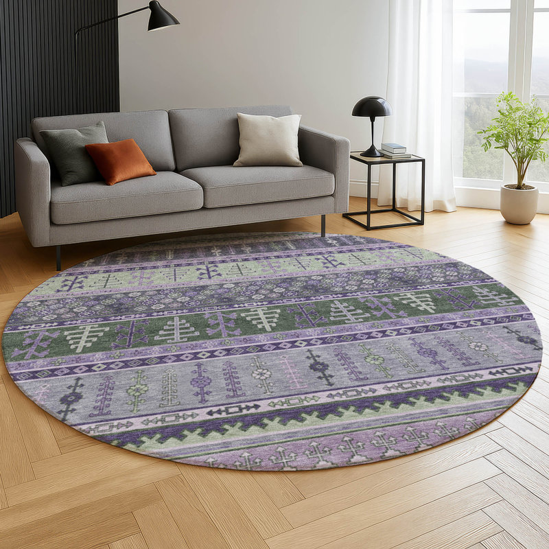 Premium Machine Washable Mayfield AMF2160 Striped Rug, Round 8', Purple