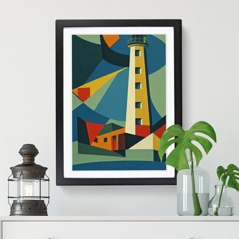 Lighthouse Cubism - Picture Frame Print, 64cm H x 46cm W x 2cm D, Oak