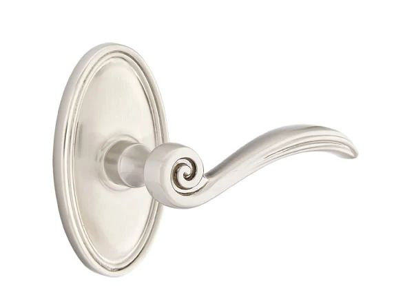 Mortaise intérieure Emtek avec rosette ovale et levier Elan, Gauche, Nickel satiné