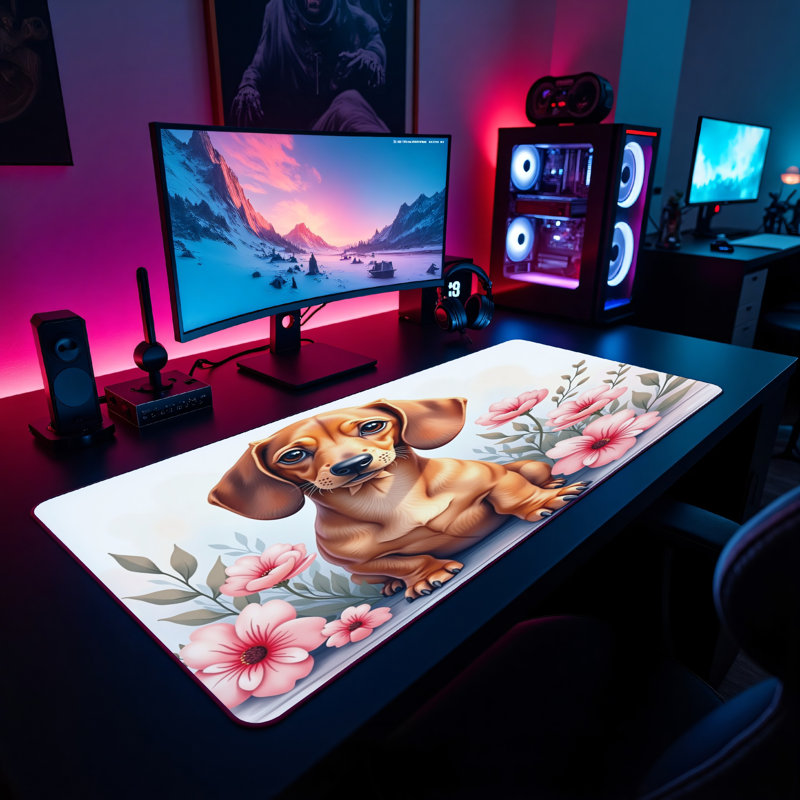Dachshund Puppy Floral Desk Mat, 31.5x15.5