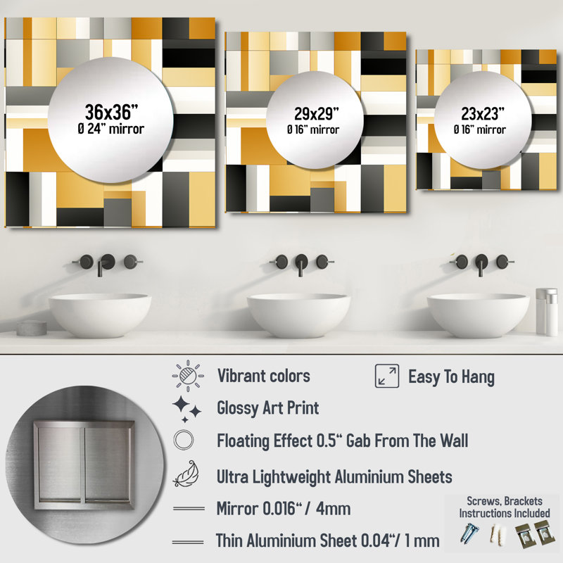 Taupe géométrique Blocks Harmony - art moderne carré de miroir mural de salon, 23 po x 23 po
