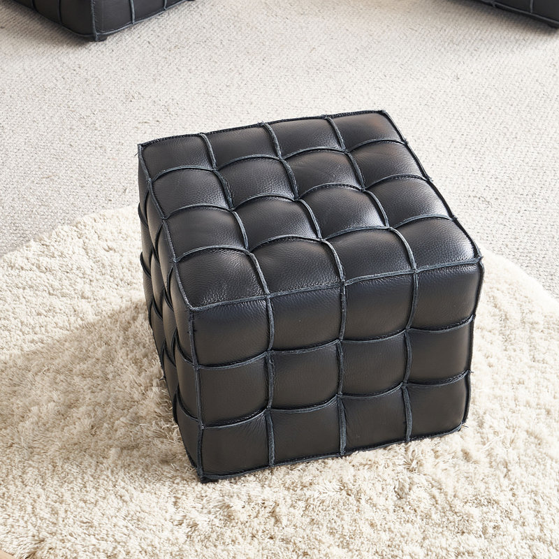 17.32''W Genuine Leather Tufted Ottoman,Footstool For Living Room & Bedroom, Black