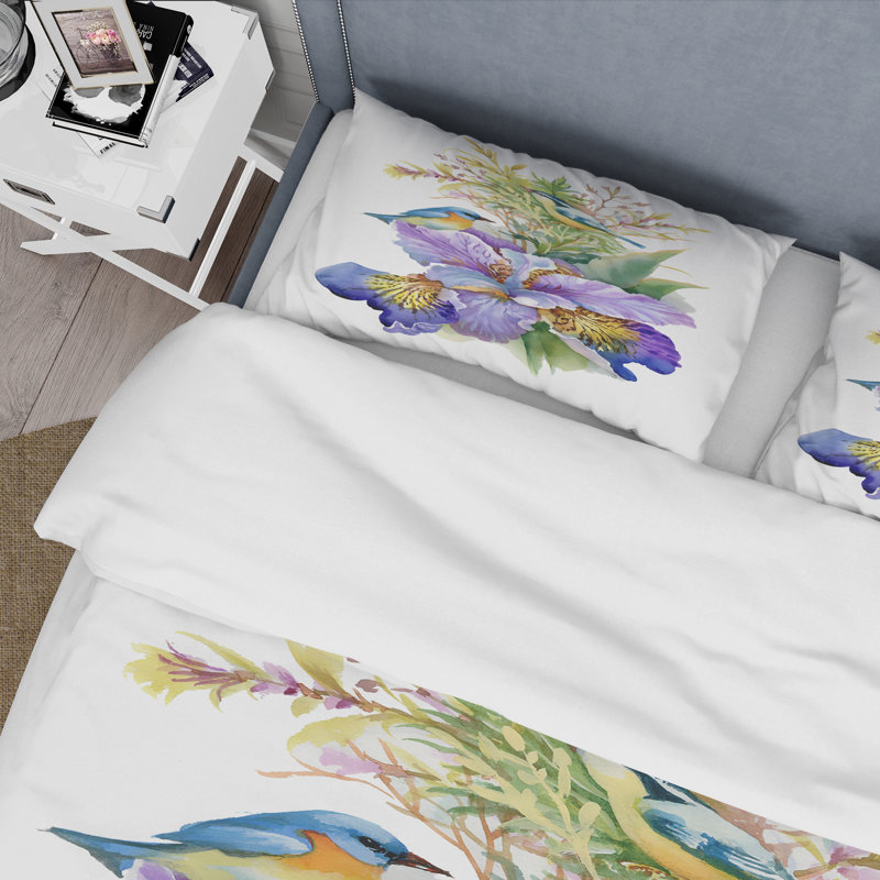 Iris mauve avec oiseaux - ensemble de housse de couette traditionnel - microfibre de polyester