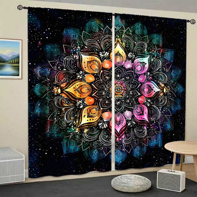 2 pièces de rideaux de style mandala bohémien, impression de galaxie cosmique, style ethnique vibrant, filtrage de la lumière et intimité, passe-tringle, pour le salon, la chambre, le balcon, la cuisine, la décoration intérieure