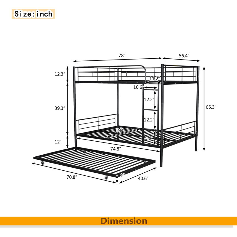 Full Over Full Metal Bunk Bed With Trundle, Black