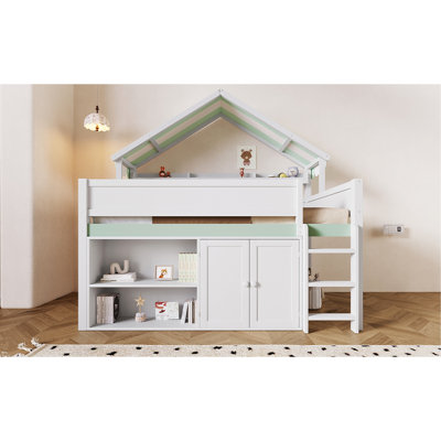 Full Size Loft Bed With Canopy Roof And Built - In Storage, House Inspired Style, Soft Colors, Solid Pine Wood For Organizing Pastel Long Lasting Use