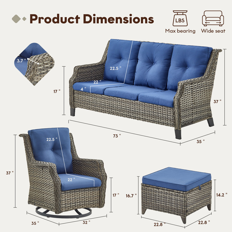 Ensemble de conversation en rotin pour 5 personnes avec repose-pieds et coussins Carlston