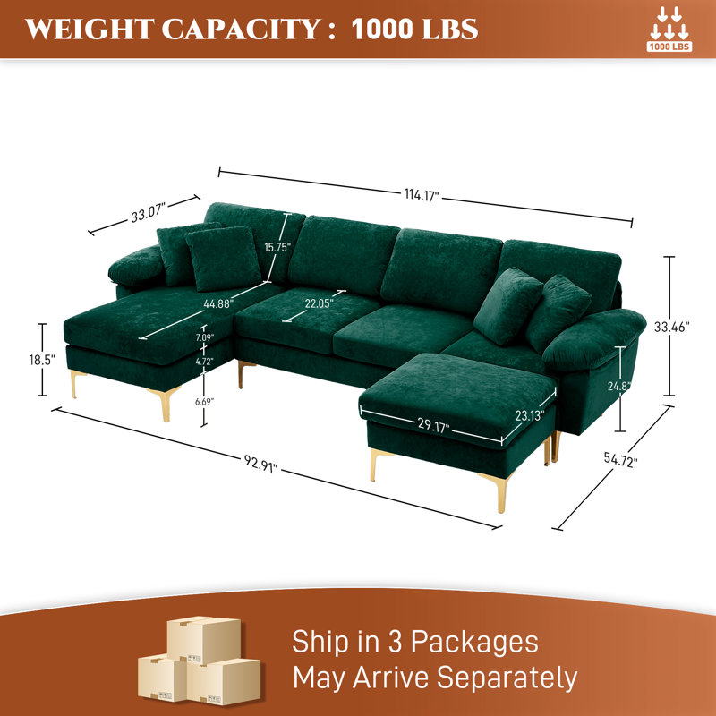 114" U Shaped Chenille Sectional Sofa with Chaise Ottoman and Gold Legs, Green Velvet