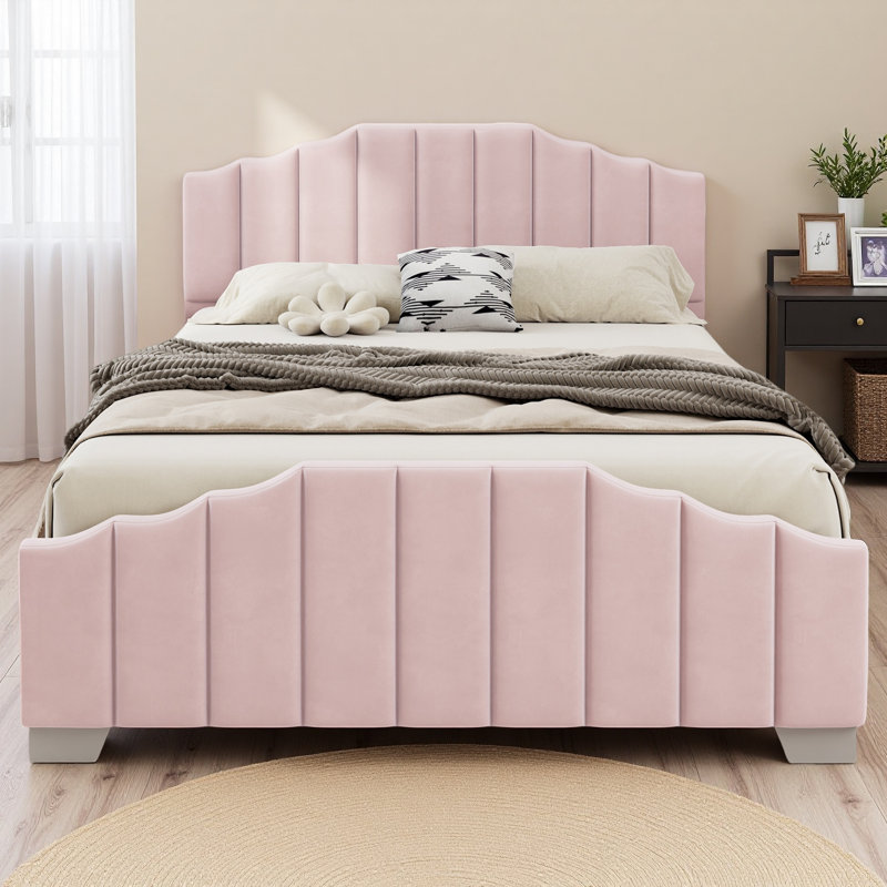 Tête de lit et pied de lit capitonnés en velours, avec sommier tapissier Velvet, Lit double, Rose
