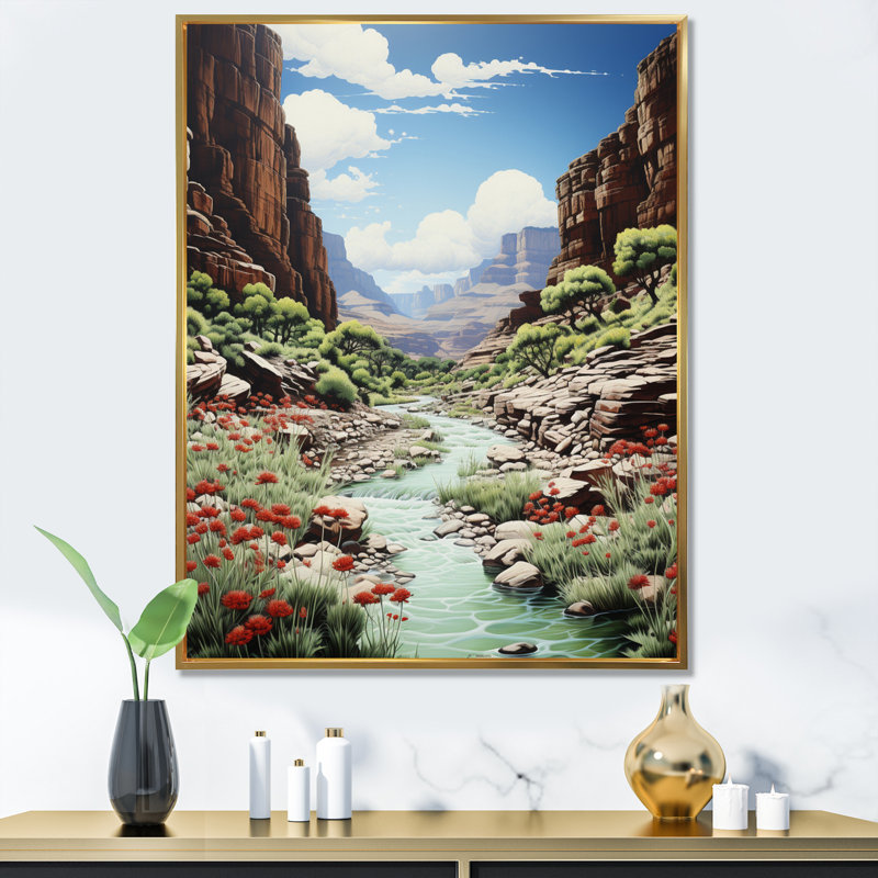 Canyon - Beauté intemporelle pointillisme I - Imprimé, H 32 po x l 16 po x P 1 po, Cadre flottant doré