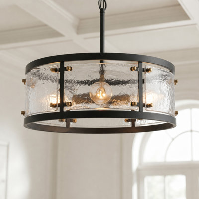 4-Light Modern Industrial Drum Chandelier Kitchen Pendant with Handcrafted Textured Glass Shade
