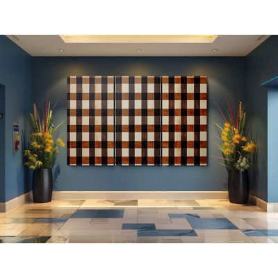 Triptych Canvas Wall Art – Rustic Buffalo Plaid Triptych Canvas Wall Art - Brown Checkered Print - Farmhouse Country Decor - Large Vintage Wall Hanging Set, Painting Reproduction