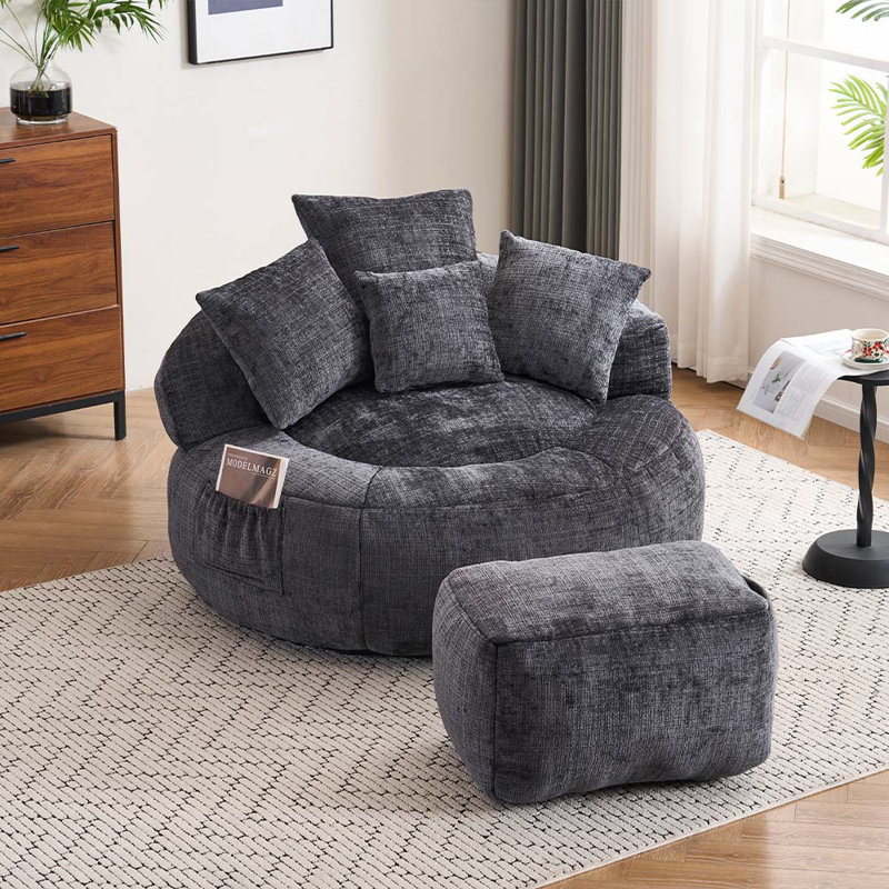 Fauteuil à billes avec repose-pieds, Chenille noir