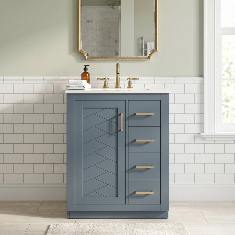 Meuble-lavabo autoportant 24 po en MDF + fer avec plateau à 3 tiroirs et portes à fermeture douce intégrées bleu, Blue, 24''