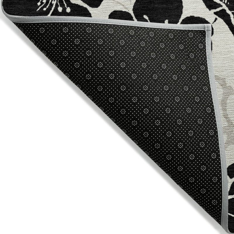 3' X 5' Ivory And Black Floral Washable Indoor Outdoor Area Rug