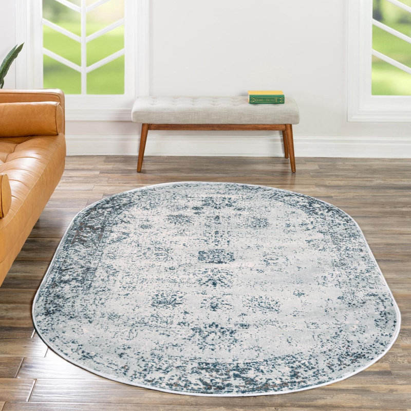 Tapis bleu clair / bleu marine à motif abstrait Brandt, Non, Bleu clair / Bleu marine, Ovale 2 pi x 3 pi 1 po