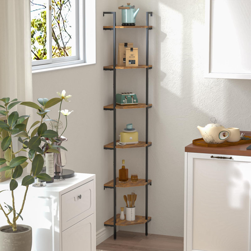 Brown Metal and Wood 6-Tier Corner Ladder Bookcase