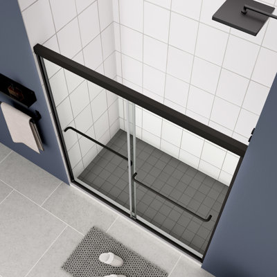 Porte de douche à dérivation, 50 - 54 po x 70 po, verre trempé de 1/4 po, noir mat, poignée, Nano facile à nettoyer, collision, fuite, finition noire coulissante simple, installation en acier inoxydable de qualité, fuite,