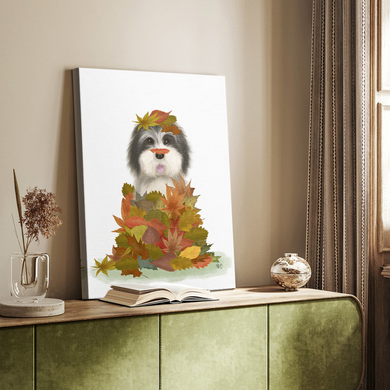 Landed in Autumn, chien noir et blanc - galerie Cavas sur mesure, H 36 po x l 24 po
