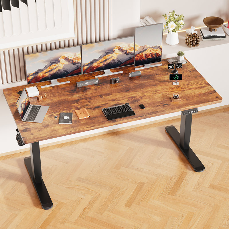 Height Adjustable T-Shaped Computer Desk Electric Standing Desk with USB Charging, Brown, Black, 115cm H x 180cm W x 80cm D