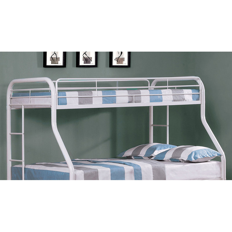 Lit simple superposé au dessus d'un lit double en métal de style contemporain avec échelle en angle, blanc, Blanc