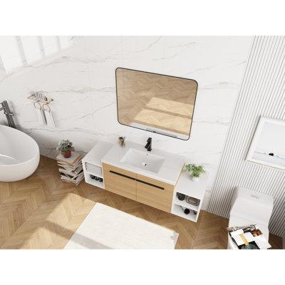 Ensemble de meuble-lavabo mural 60 po avec lavabo de comptoir en résine et 2 tablettes de rangement, 2 portes à fermeture douce (KD-Packing)