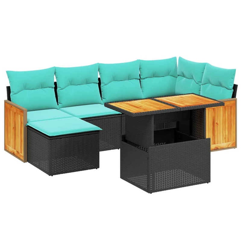  Ensemble de canapé de patio 7 pièces avec coussins en rotin de polyester, Noir, Vert