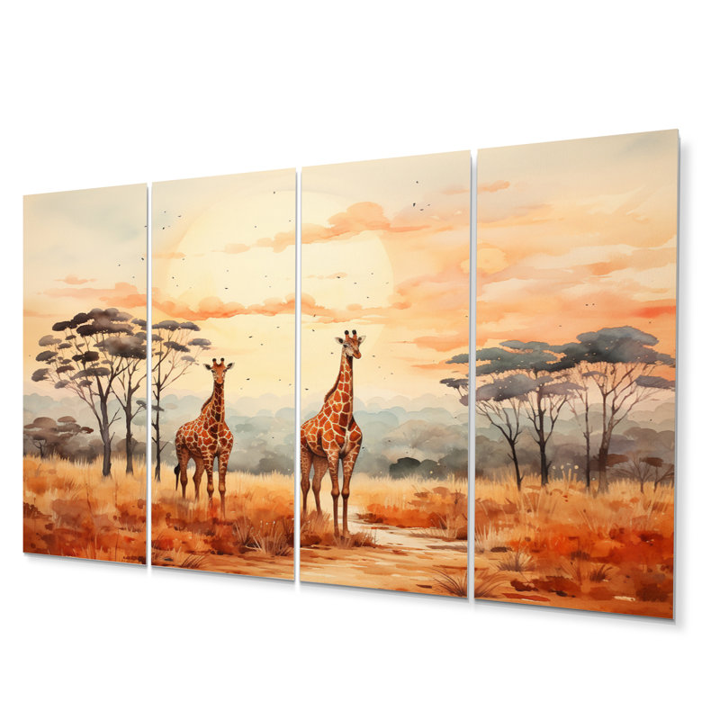 Orange Grey Girrafes Walk In African Landscape Landscape & Nature Wall Decor on Metal